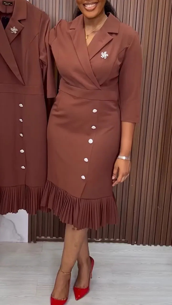 Women Collar Waist Cinching Patchwork Pleats Elegant Temperament Dress