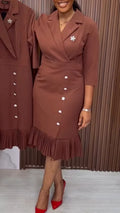 Women Collar Waist Cinching Patchwork Pleats Elegant Temperament Dress
