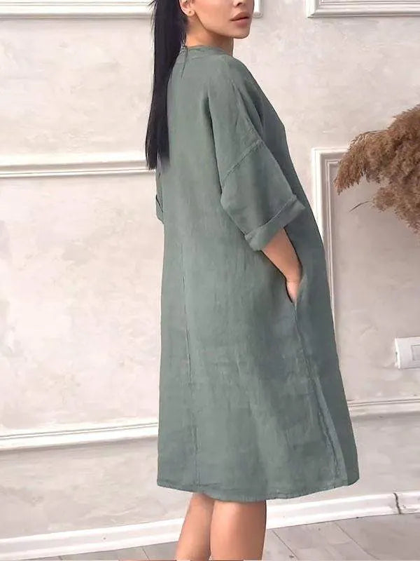 Women Comfortable spring and summer cotton and linen v-neck solid color dress