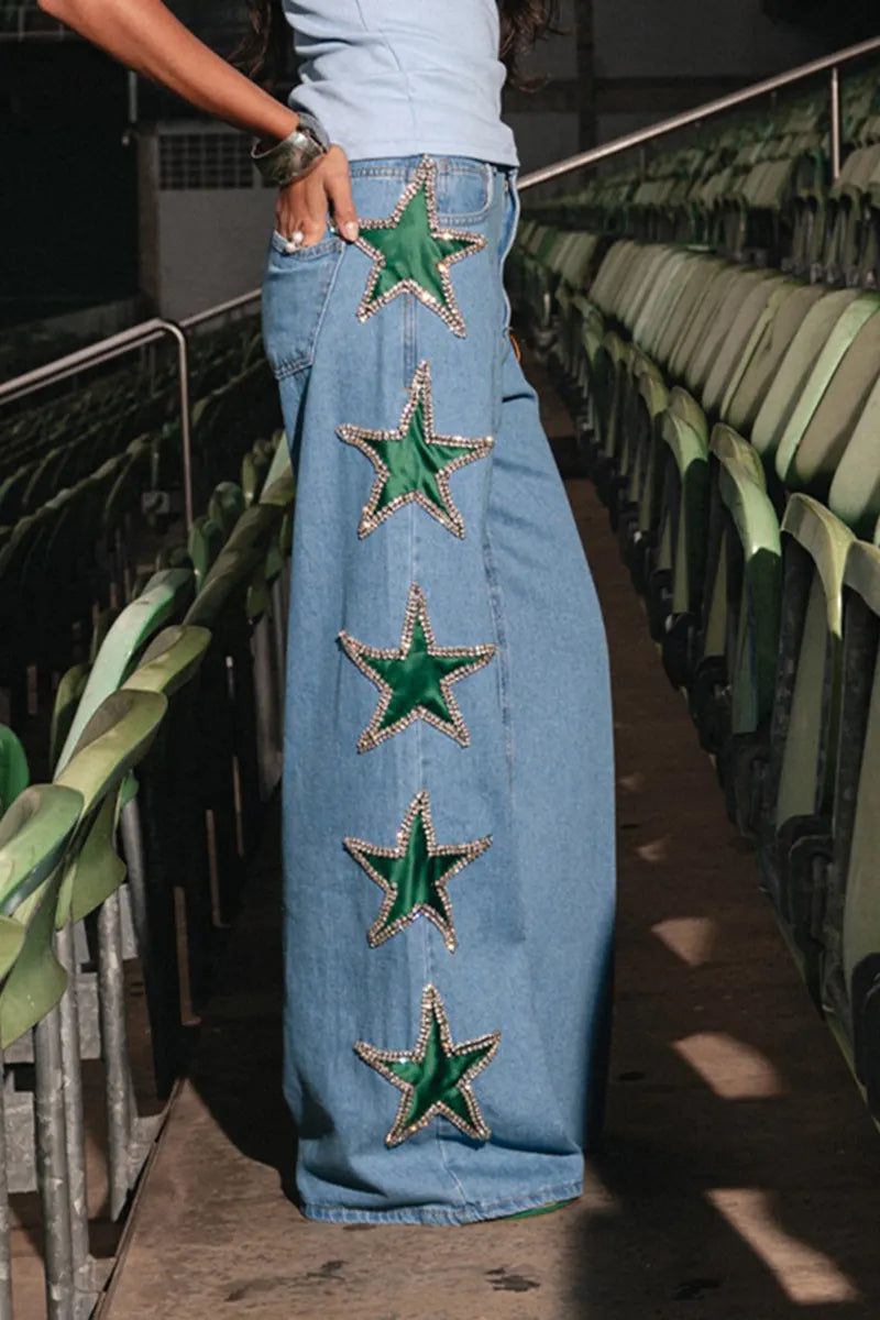Women's Fashion Side Star Pattern Rhinestone Jeans
