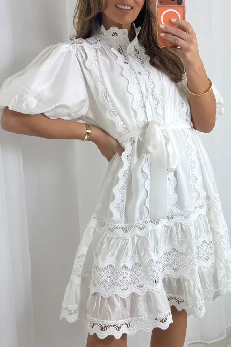 Women Round Neck Lace Patterned Puff Sleeve Elegant Temperament Midi Dresses