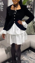 Women Square Neck Velvet Buckle Patchwork Elegant Temperament Dress