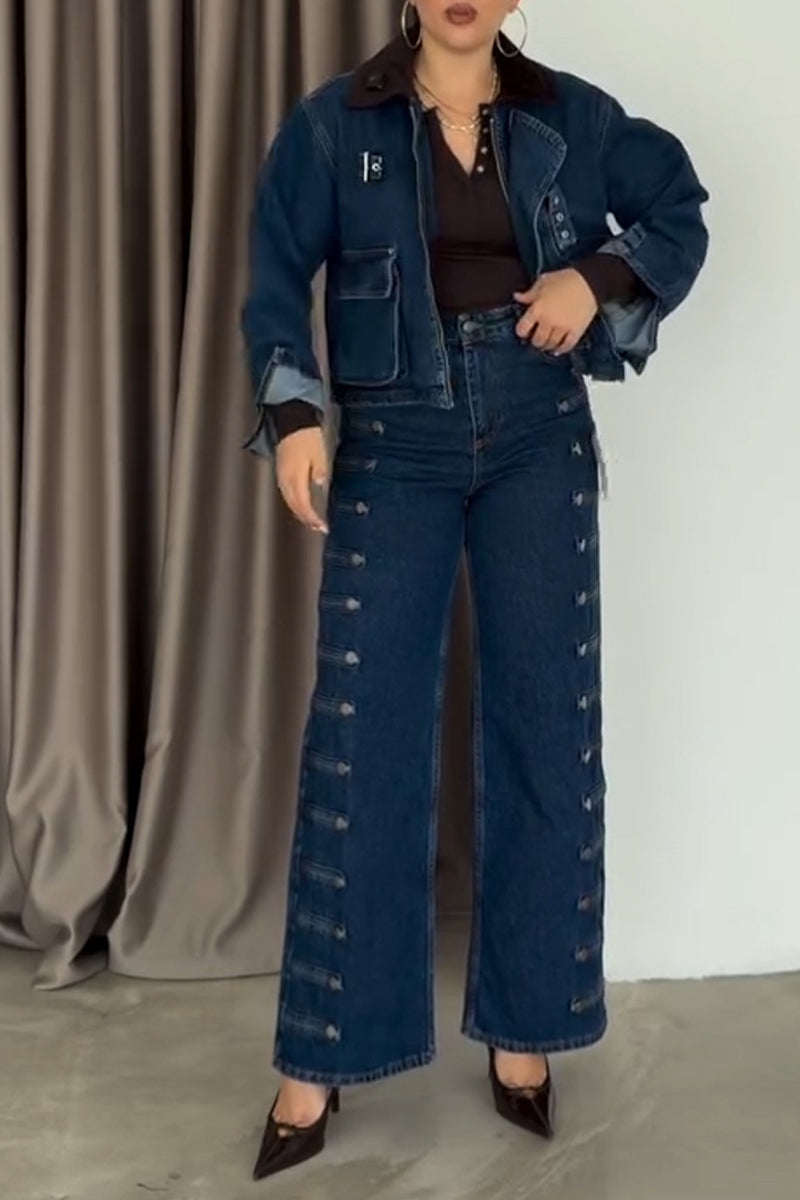 Women's Fashion Stand Collar Denim Jacket or Button Decoration Jeans