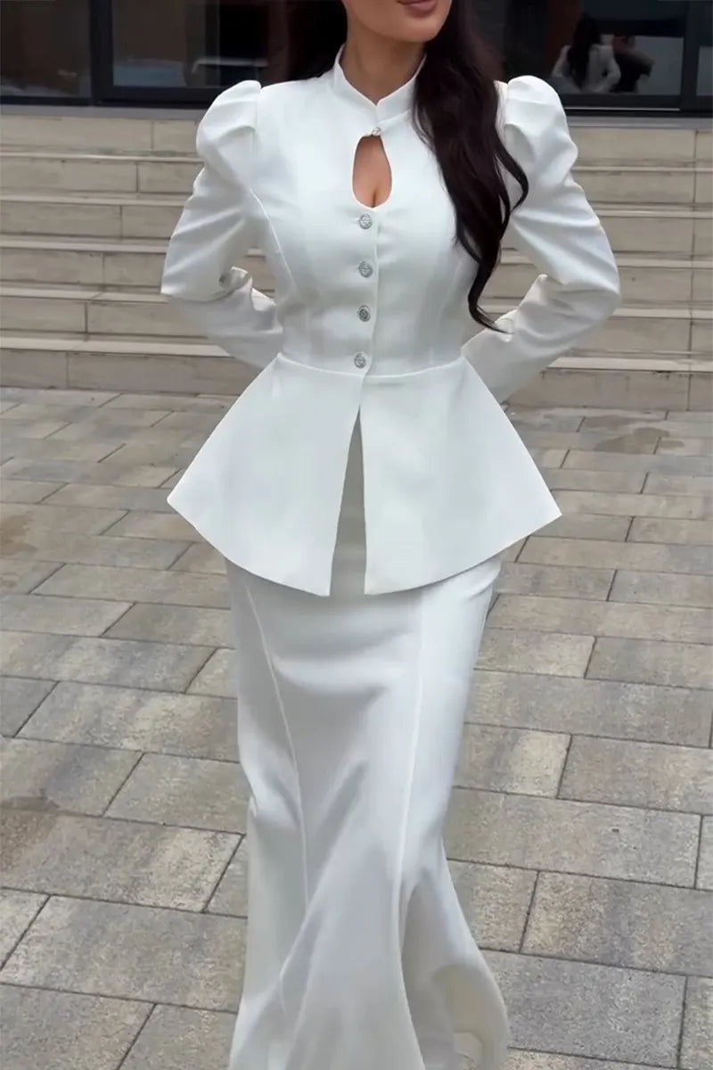 Women's Elegant Waist Cinching Puff Sleeve Shirt or Maxi Skirt