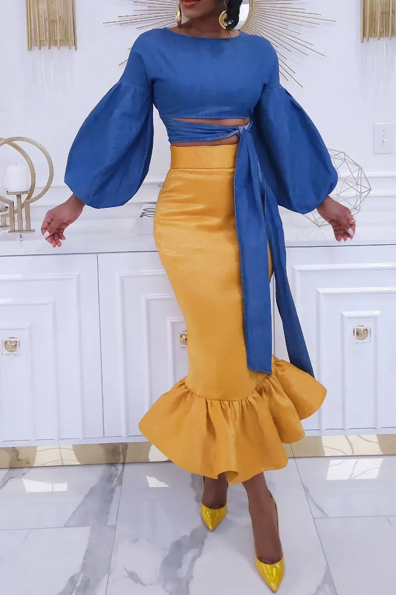 Women's Elegant Puff Sleeve Denim Top or Pencil Mermaid Skirt