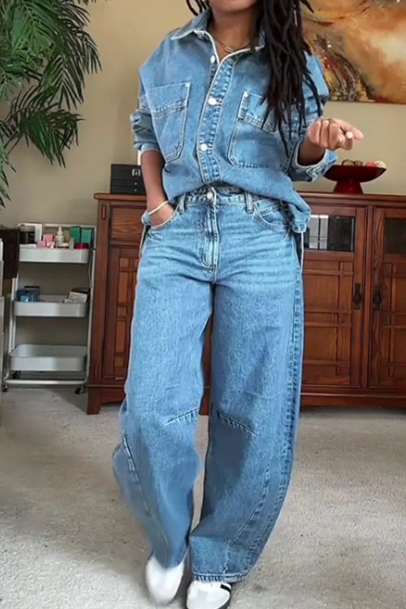Women's Casual Loose Fit Denim Jacket Or Casual Wide Leg Jeans
