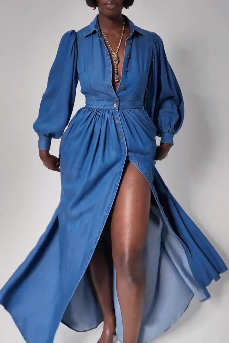 Women's Fashion Puff Sleeve Backless Single-Breasted Button Denim Maxi Dress