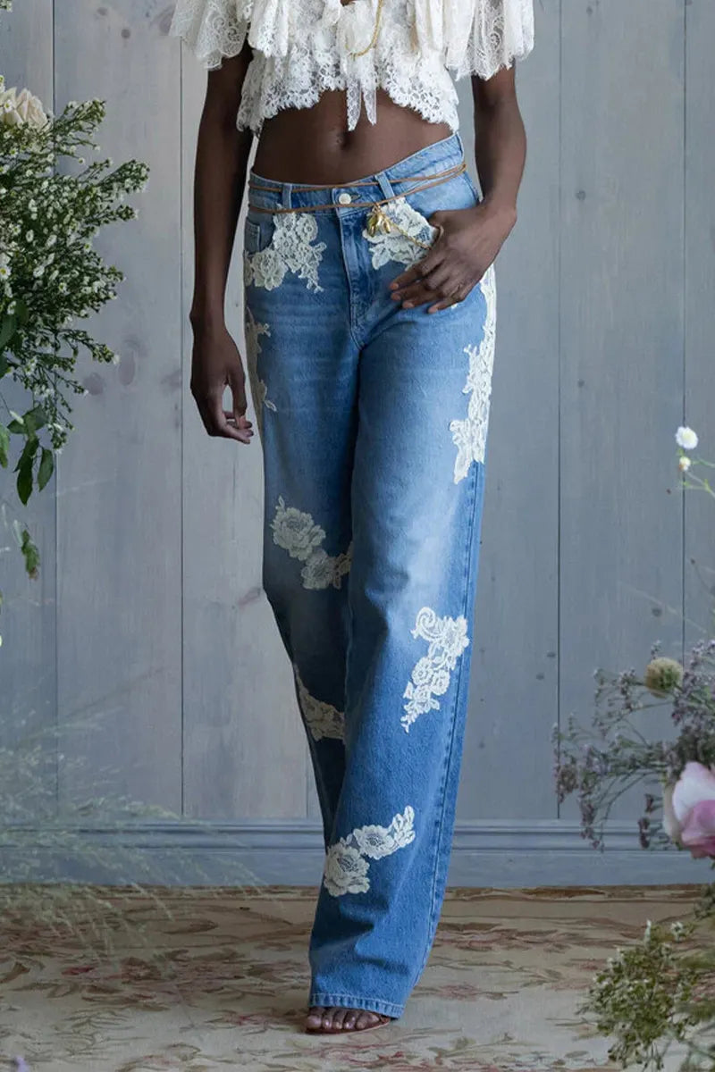Hot Selling Women's Casual Washed Lace Straight Leg Jeans