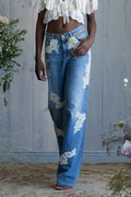 Hot Selling Women's Casual Washed Lace Straight Leg Jeans