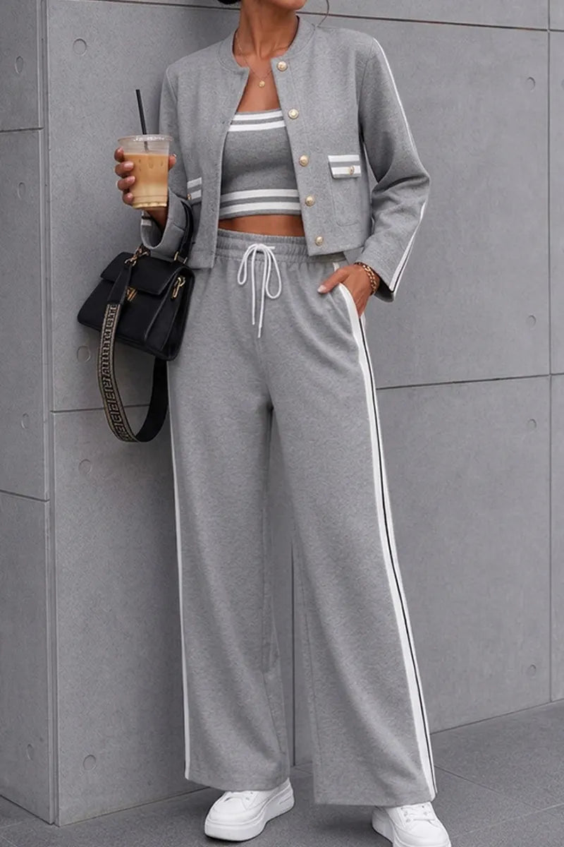 Women's Button Front Knit Cardigan, Striped Camisole Crop Top and Wide Leg Drawstring Pants 3-Piece Set Gray