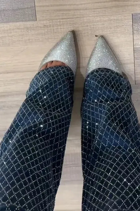Women's Fashion Sparkling Plaid Rhinestone Jeans