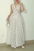 Women's Elegant V-Neck Vest Wide Leg Pants Lace Two-Piece Set