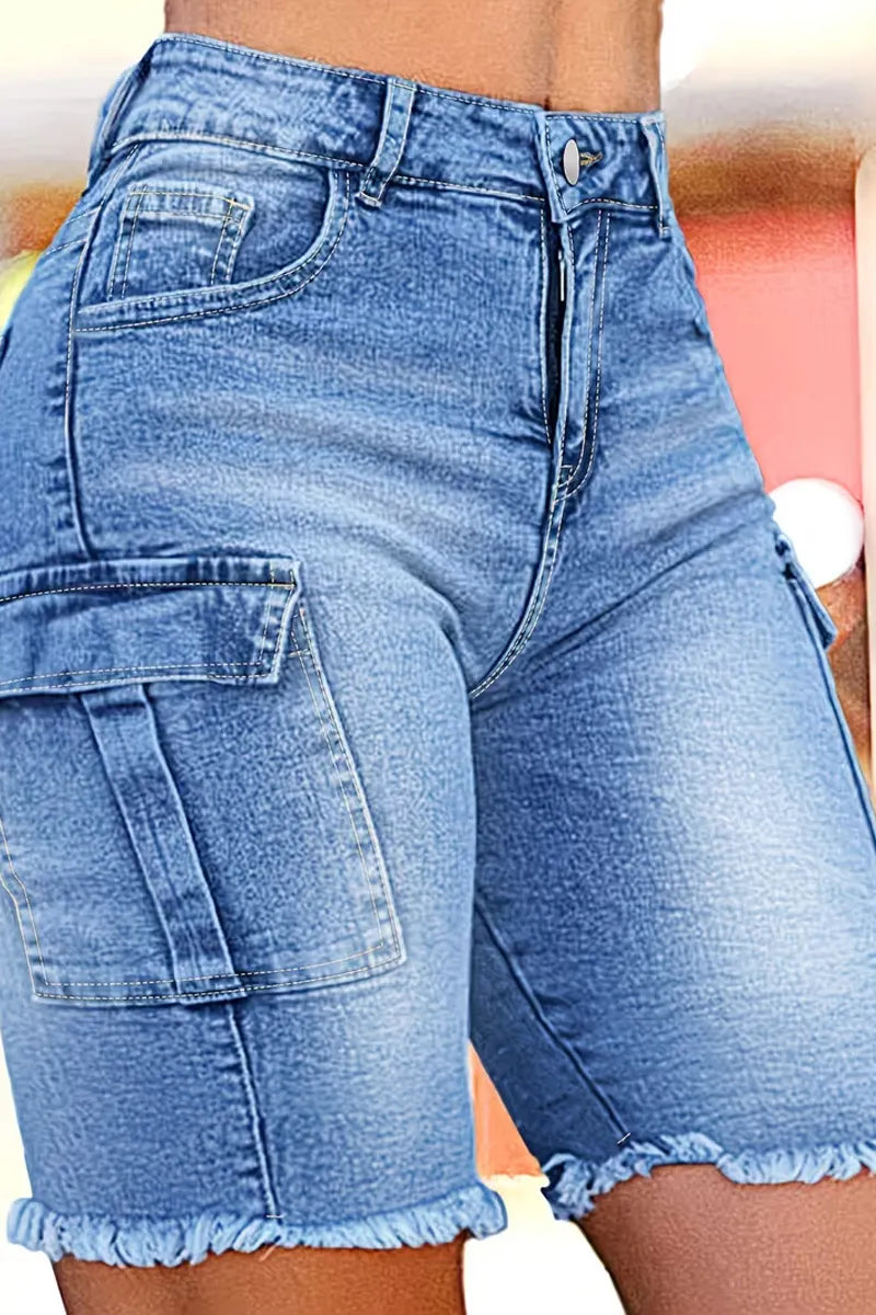 Women's Light Wash Distressed Ripped Gold Eyelet Mid Length Denim Shorts