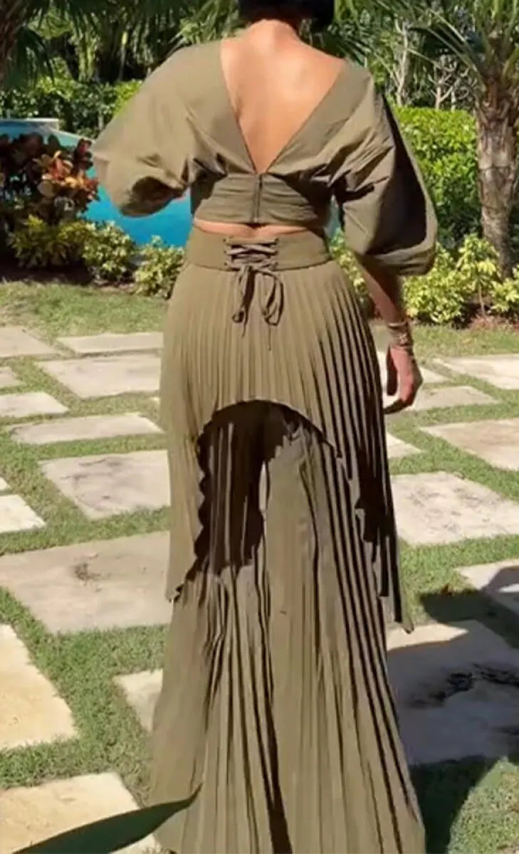 Women V-neck Short Top + Patchwork Pleated Wide Leg Pants Solid Color Temperament Casual Set