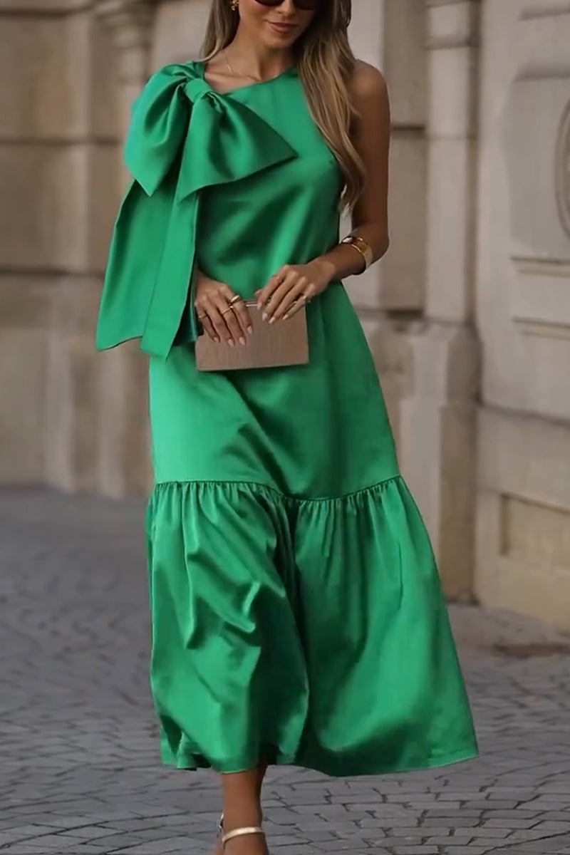 Women's Round Neck Bow Patchwork Solid Color Elegant Temperament Dress