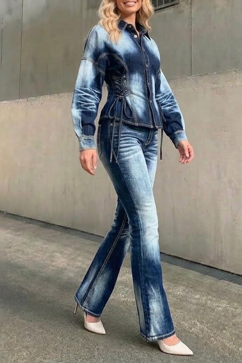 Women's Vintage Bleached Denim Matching Set Slimming Cinched Waist Button-Down Coat and Bootcut Pants