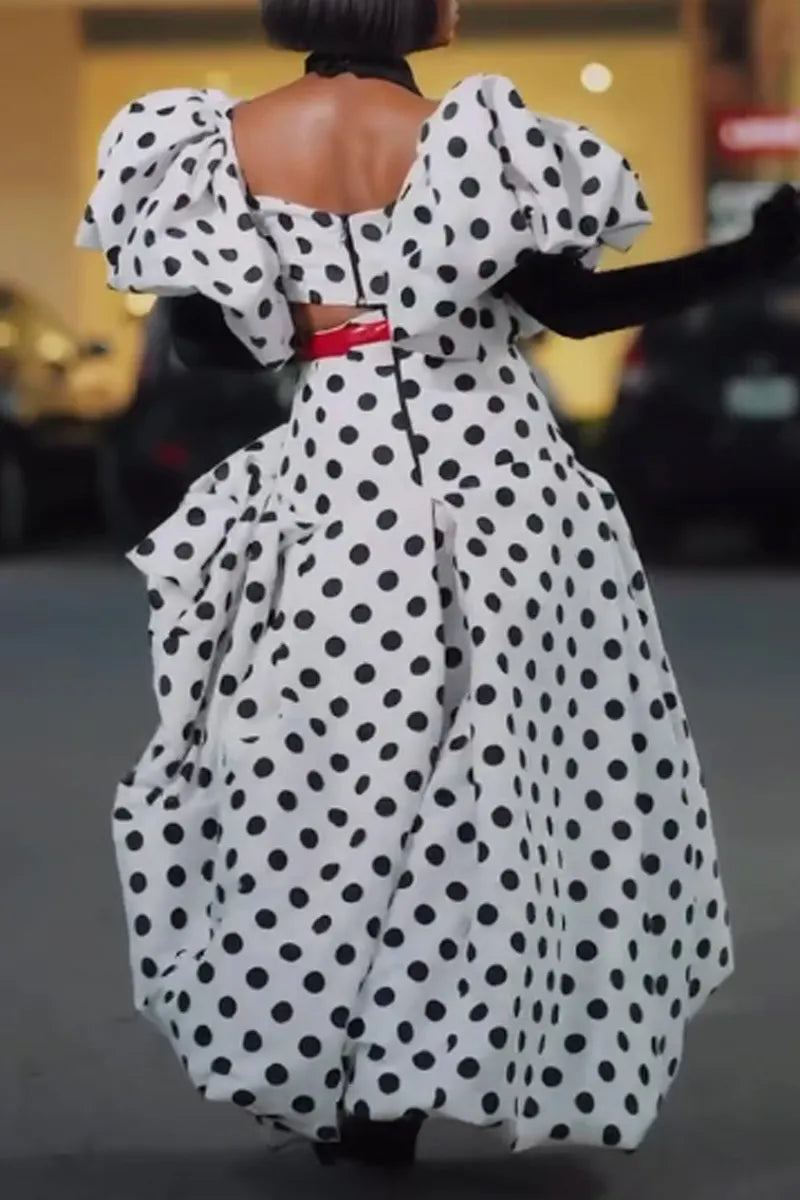 Women's Polka Puff Sleeve Crop Top & High-Waisted Maxi Skirt