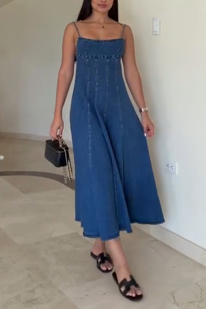 Women's Suspender Patchwork Solid Color Casual Denim Dress