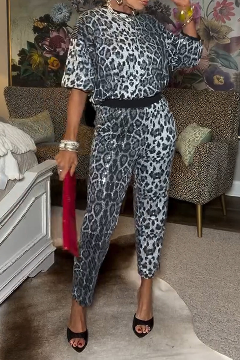 Women's Round Neck Leopard Print Glossy Top+ Pants Casual Suit