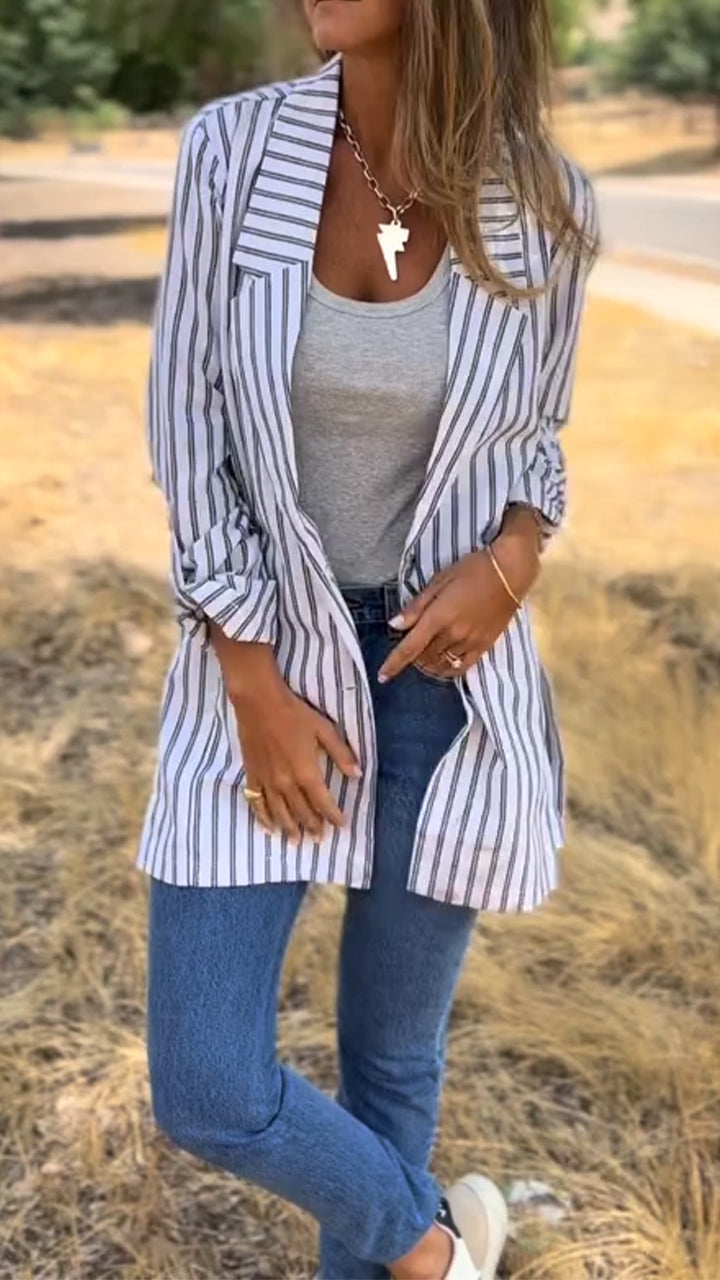 Women Lapel Vertical Pattern Casual Shirt
