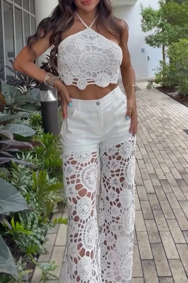 Women's Casual Neck Hanging Hook Flower Vest or Spliced Hollow Pants