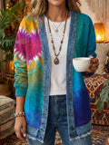 Women's Retro Heart Tie-Dye Art Print Casual Washed Cotton Denim Cardigan Coat