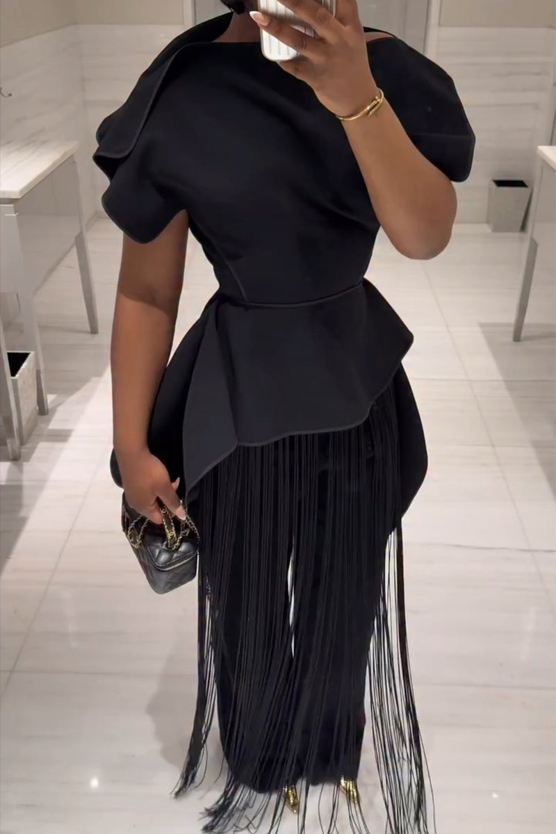 Women's Fashion Asymmetric Vest Pants Fringe Decoration Two-Piece Set