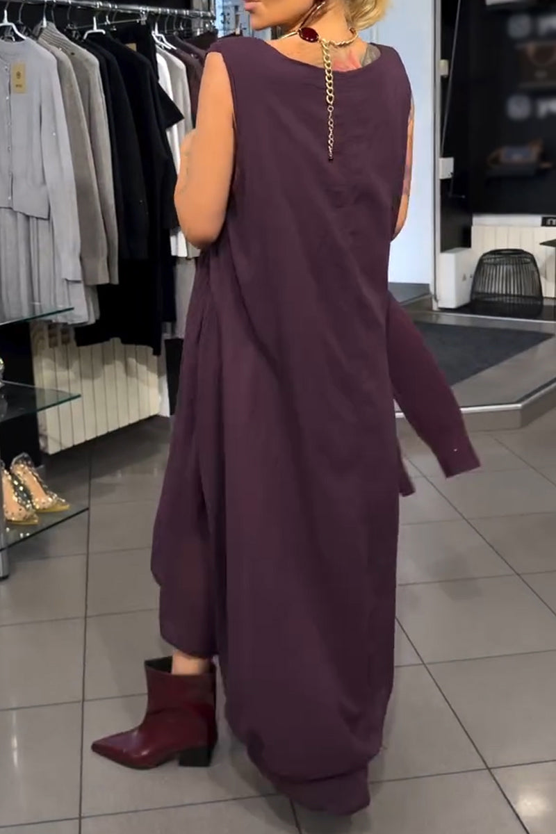 Women's Elegant Casual Round Neck Solid Color Dress or Knitted Cardigan