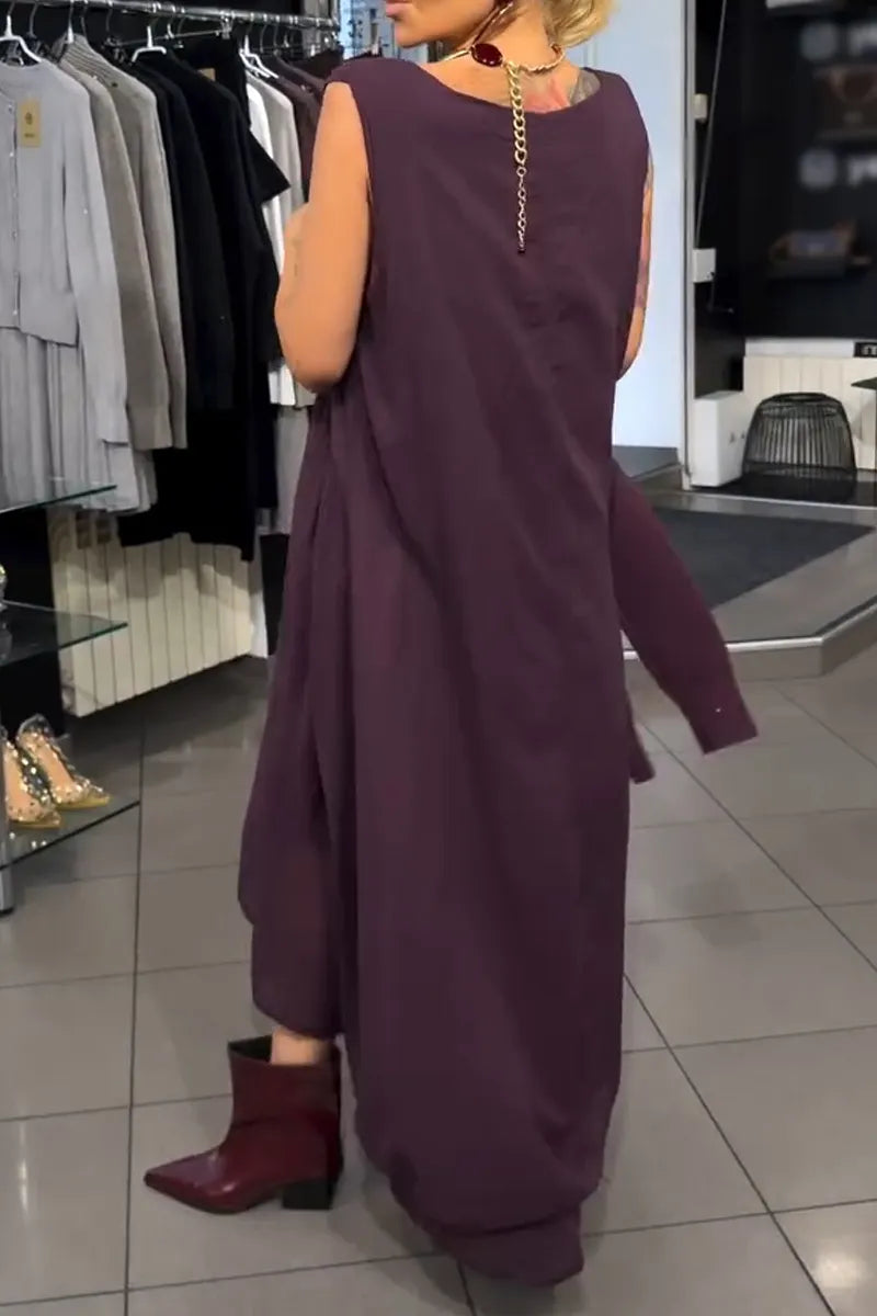 Women's Elegant Casual Round Neck Solid Color Dress or Knitted Cardigan