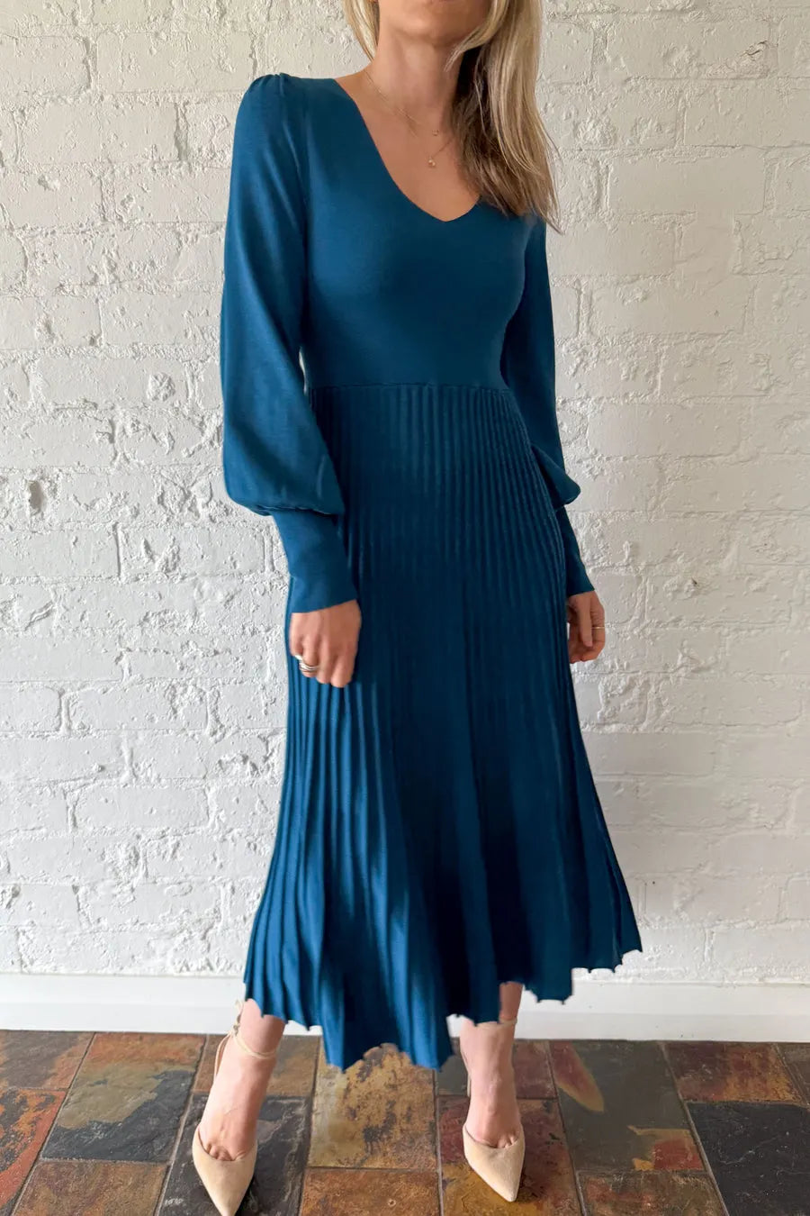 Ladies U-neck Patchwork Pleated Elegant Casual Dress