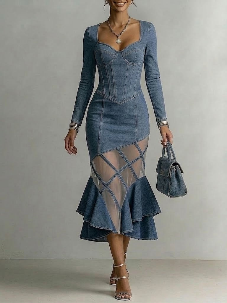 Women's Irregular Design Mesh Splice Denim Dress