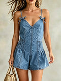 Women's Denim Romper â Loose-fit Jumpsuit With Bow Detail