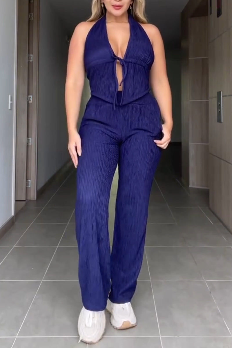 Women's Neck Hanging Top+ Pants Solid Color Casual Suit