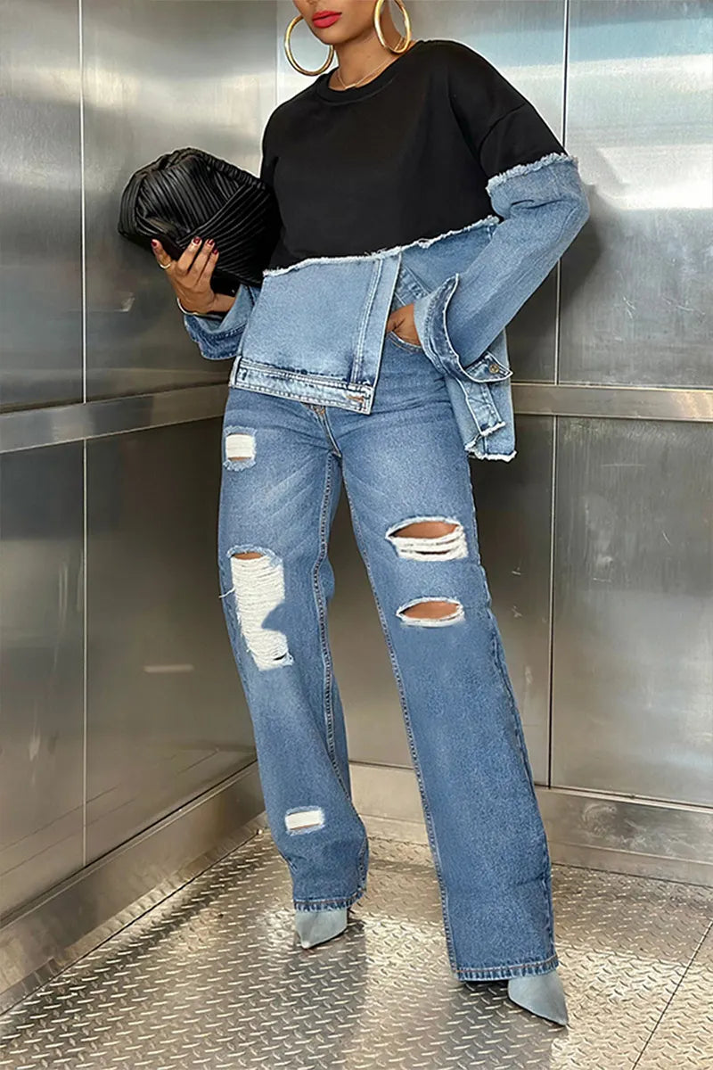 Women's Straight Leg Distressed Jeans With Raw Hem