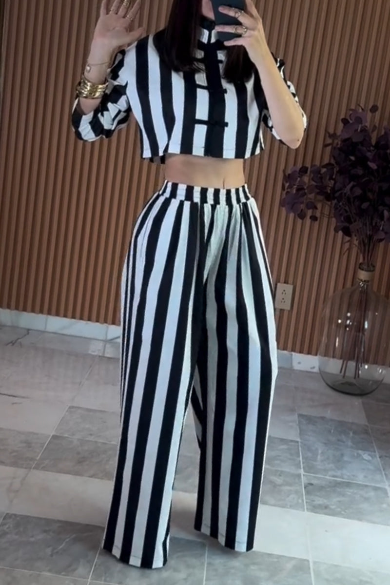 Women's Round Neck Black and White Vertical Stripe New Chinese Style Two-piece Set