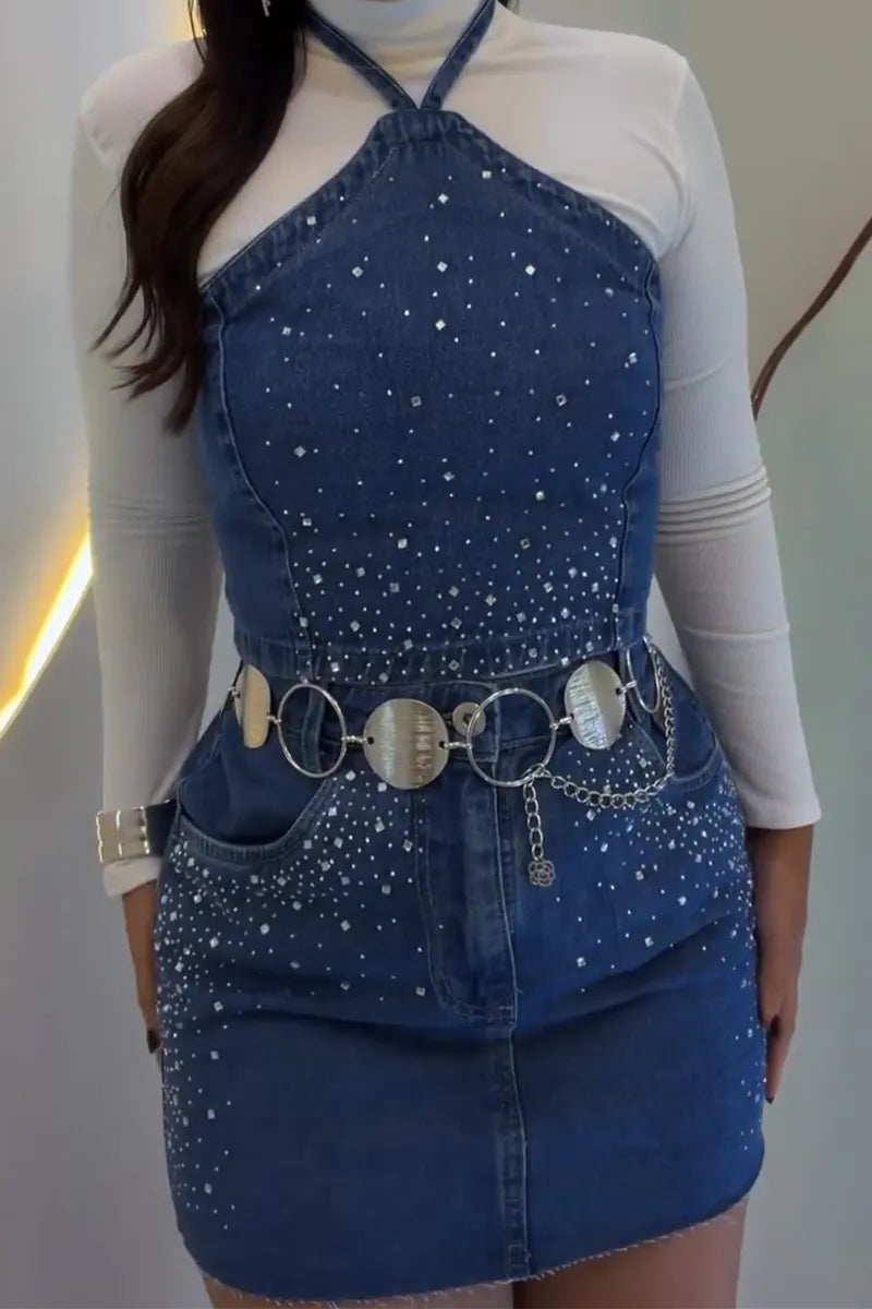 Women's Neck Hanging Rhinestone Denim Top or Rhinestone Denim Skirt
