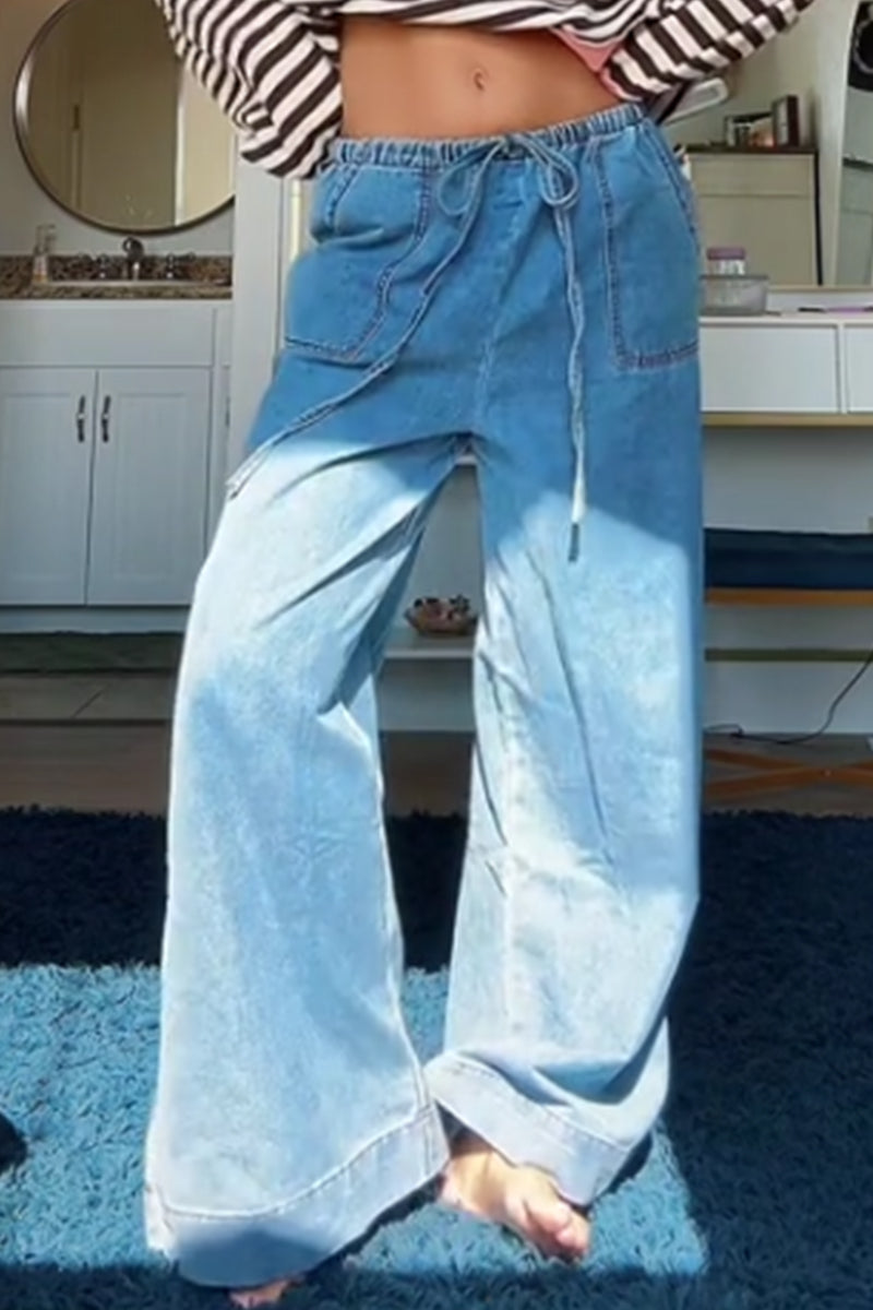 Women's Casual Wide Leg Denim Pants With Elastic Waist And Pockets