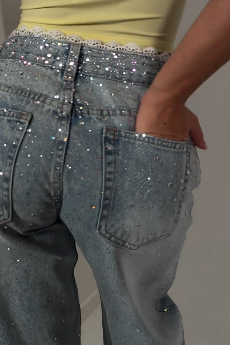 Women's Washed and Spliced Rhinestone Casual Jeans