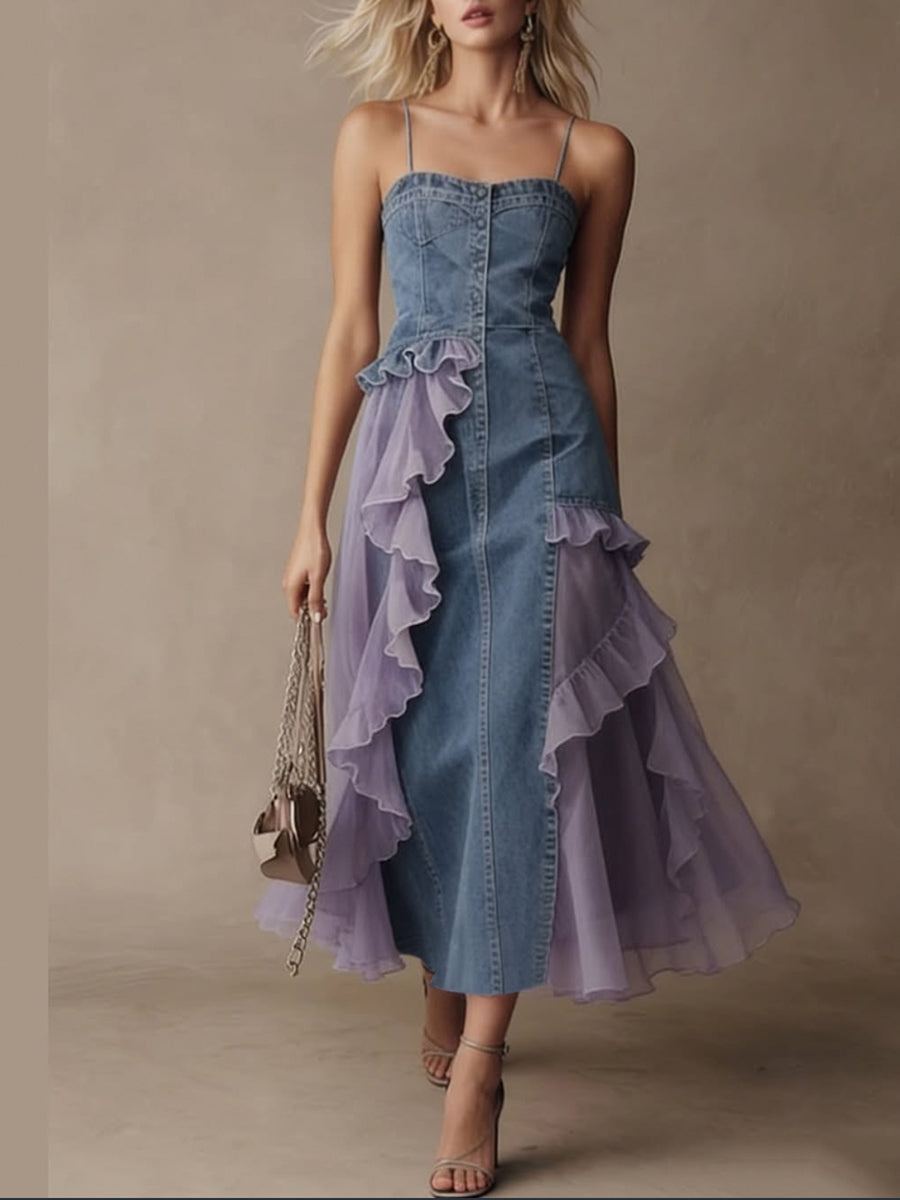 Stylish Casual Spliced chiffon And Denim Dress