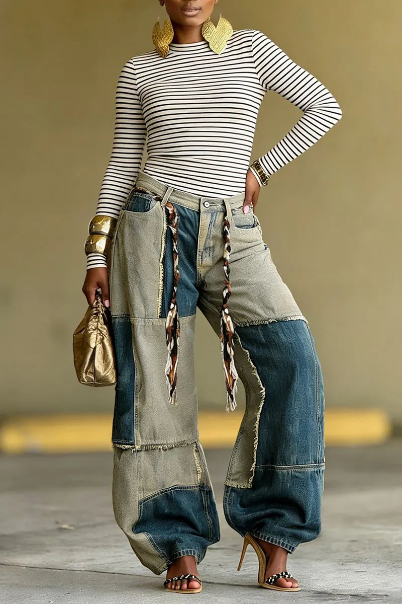 Women's Two-Tone Color Block Hem Raw Jeans