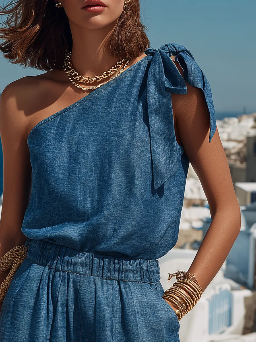 Stylish Vacation-ready Tencel Denim One-shoulder Top And Shorts Set