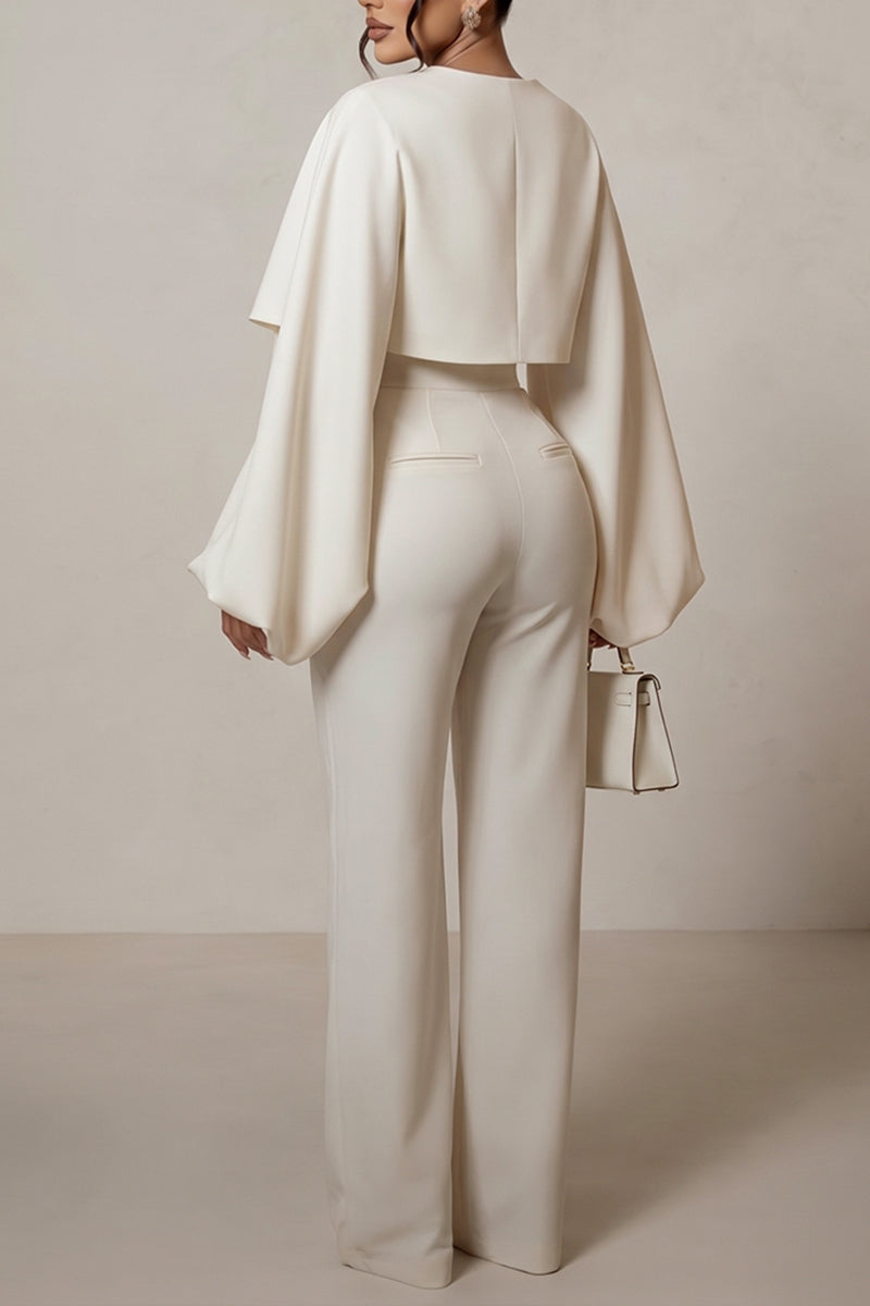 Women's Elegant V-Neck Puff Sleeve Top Wide Leg Pants Two-Piece Set