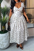 Women's Vacation Waist Cinching Pleated Polka Dot Maxi Dress