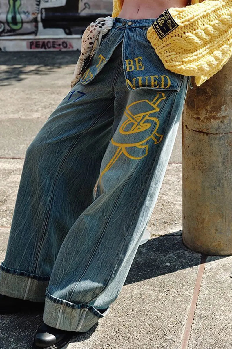 Ladies' Street Double Waist Panel Print Denim Jeans
