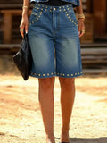 Women's High-waisted Loose-fit Rivet-embellished Wide-leg Denim Shorts