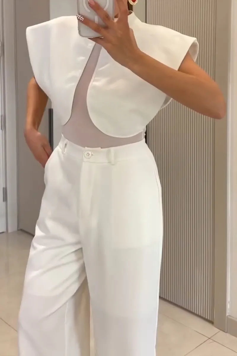 Women's Fashion Mesh Patchwork Wide Shoulder Vest Pants Two-Piece Set