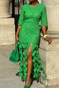 Women's Round Neck Pattern Hollowed Out Splicing Tassel Elegant Temperament Dress