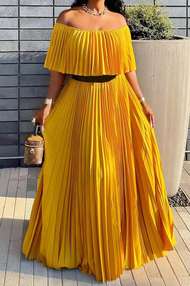 Women's Flowy Pleated Off-Shoulder Jumpsuit with Ruffle Overlay