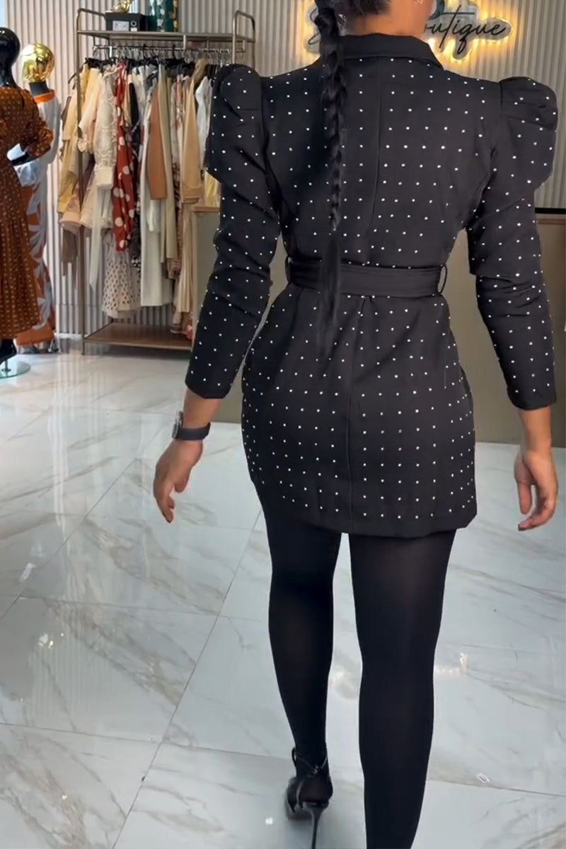 Women's Elegant Rhinestone Lapel Leg of Mutton Sleeve Blazer Mini Dress with Belt
