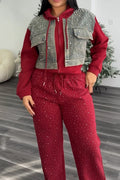 Women's Rhinestone Patchwork Denim Jacket + Waist Drawstring Pants Set